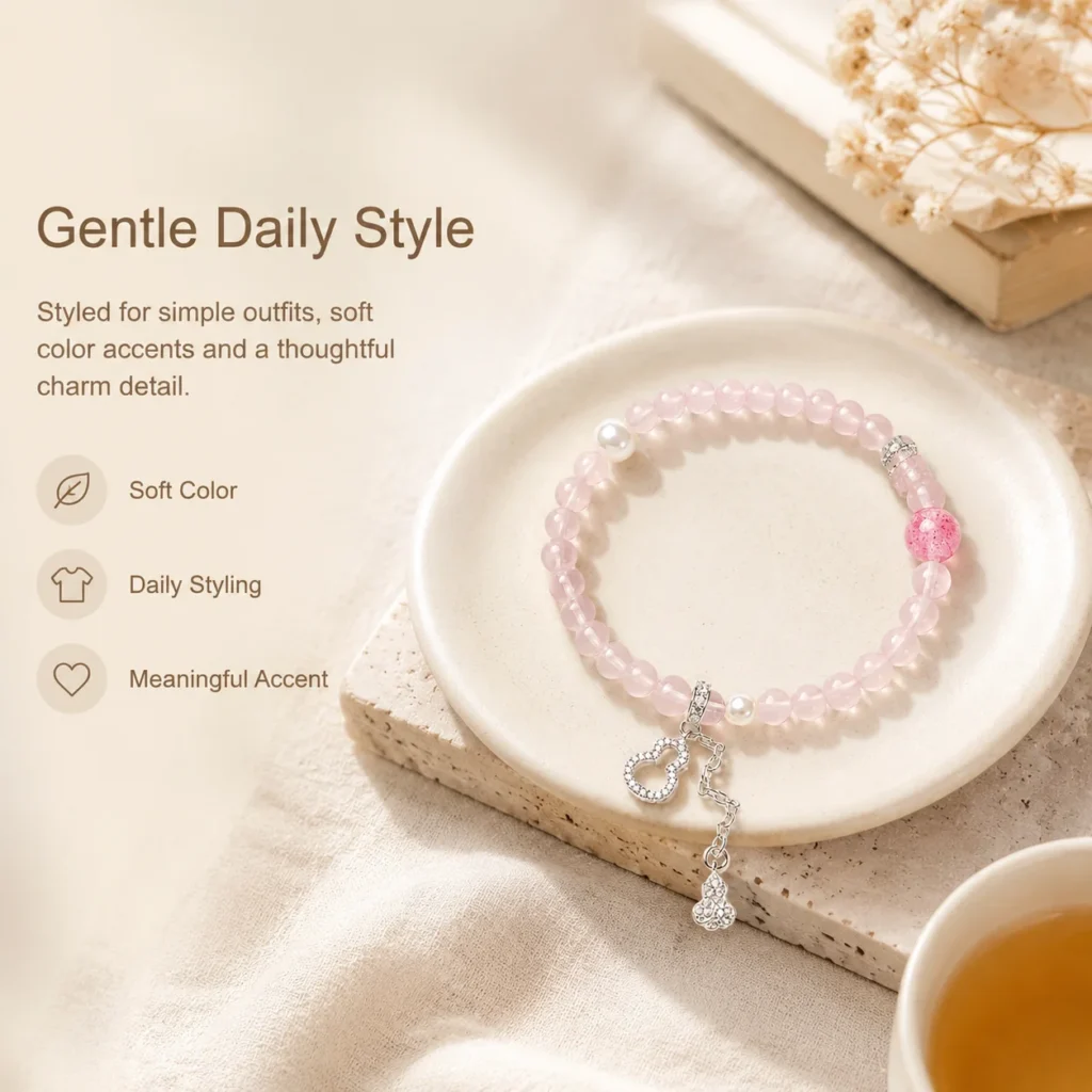 Rose Quartz Gourd Charm Beaded Bracelet 5 rose quartz gourd charm beaded bracelet lifestyle still life image