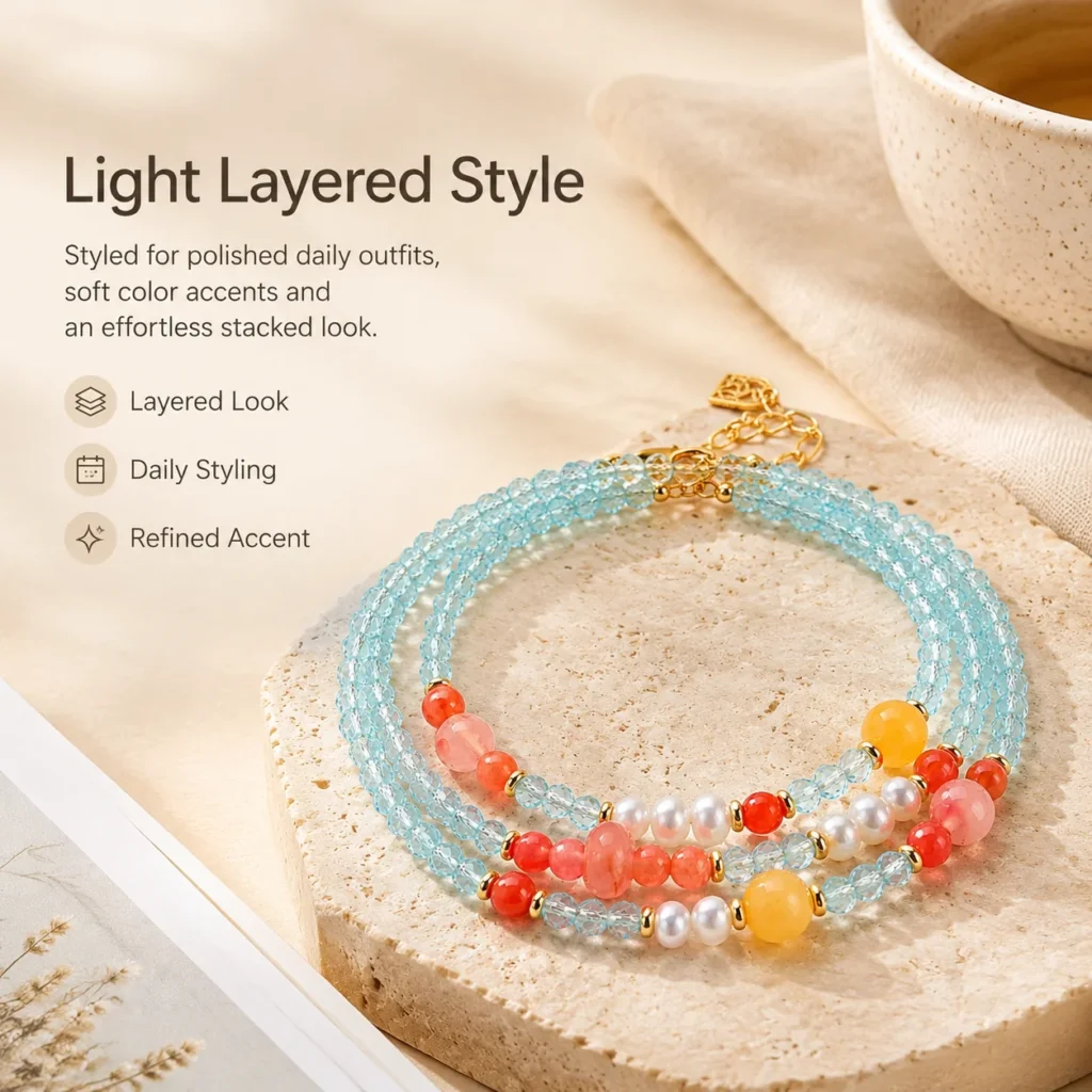 blue zircon pearl triple-wrap bracelet lifestyle still life image