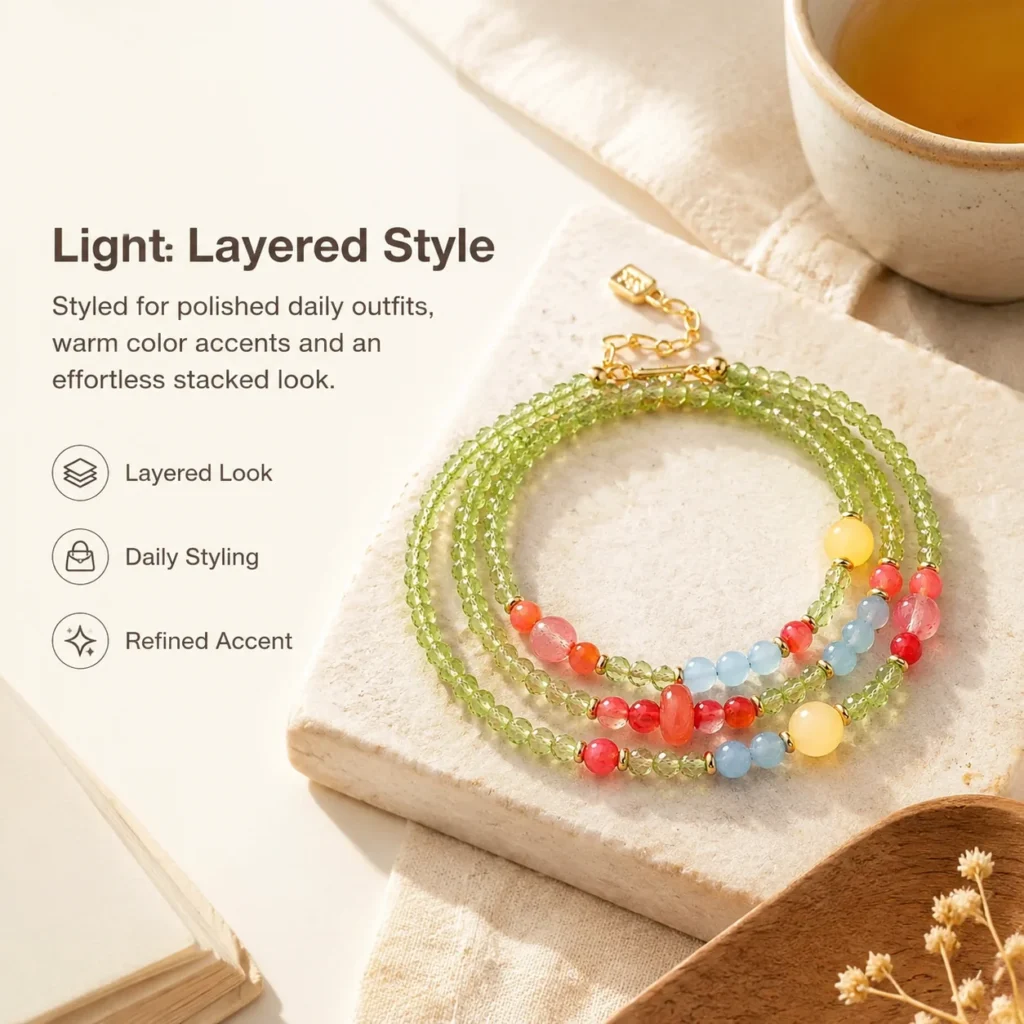 Green Zircon South Red Agate Triple-Wrap Bracelet 5 green zircon south red agate triple-wrap bracelet lifestyle still life image
