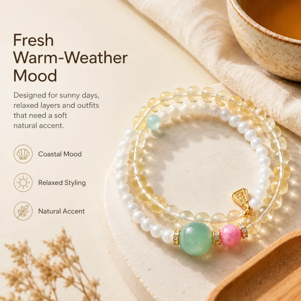 Lemon Quartz Cowrie Double-Wrap Bracelet 5 lemon quartz cowrie double-wrap bracelet lifestyle still life image