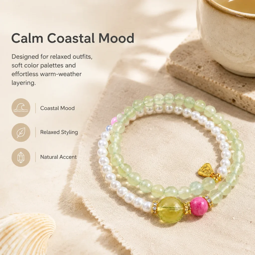 Prehnite Cowrie Double-Wrap Bracelet 5 prehnite cowrie double-wrap bracelet lifestyle still life image