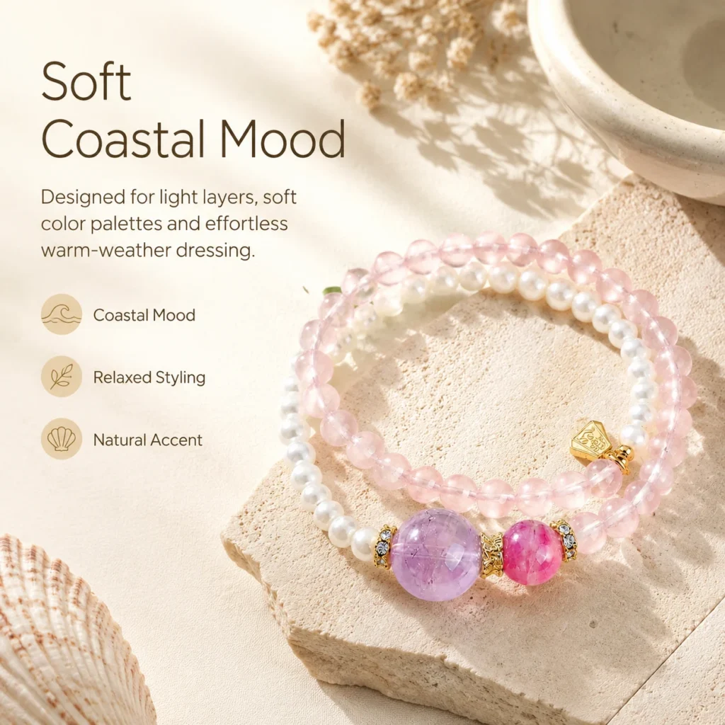 Rose Quartz Cowrie Double-Wrap Bracelet 5 rose quartz cowrie double-wrap bracelet lifestyle still life image