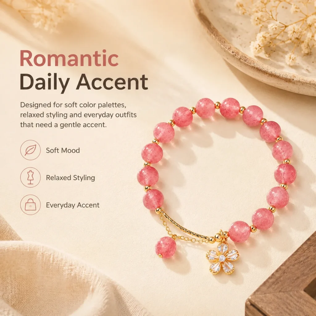 strawberry quartz beaded bracelet lifestyle still life image