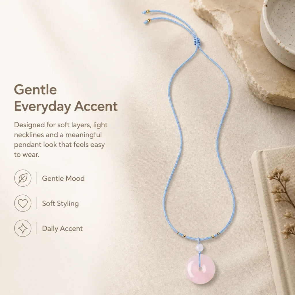 Rose Quartz Peace Buckle Necklace 5 rose quartz peace buckle necklace lifestyle still life image