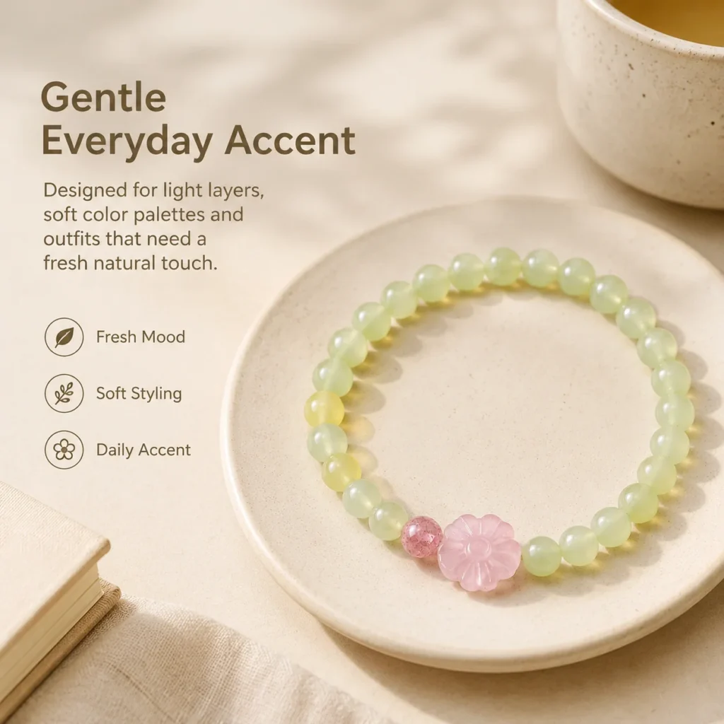 xiuyu jade rose quartz blossom bracelet lifestyle still life image