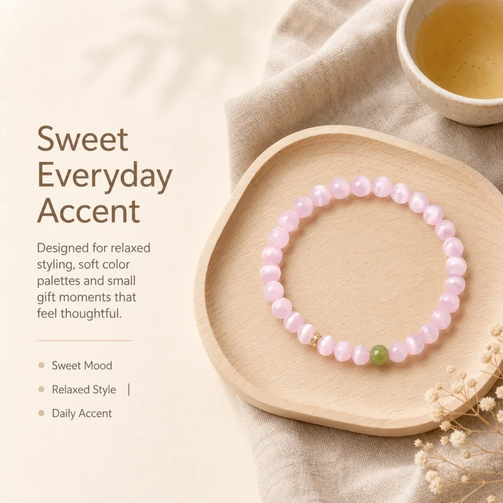 pink cat eye beaded bracelet lifestyle still life image