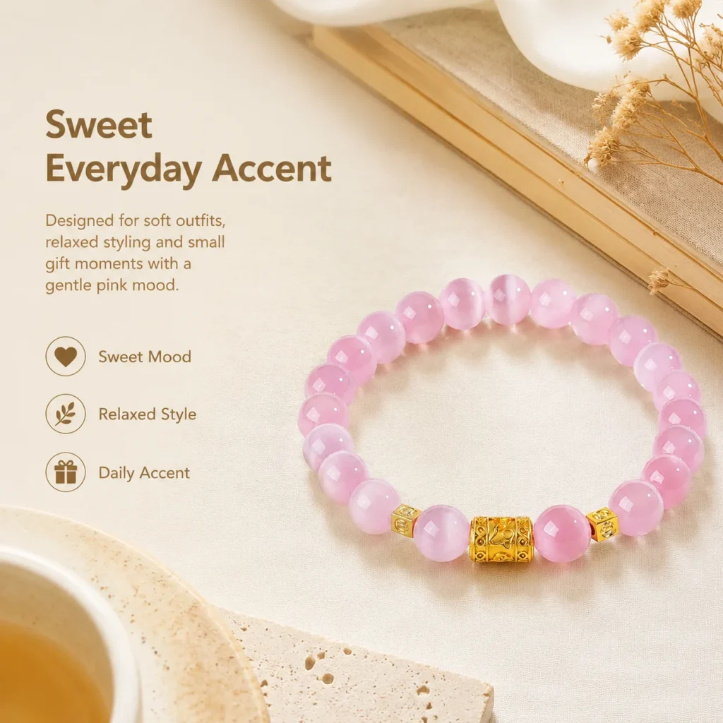soft pink cat eye beaded bracelet lifestyle still life image