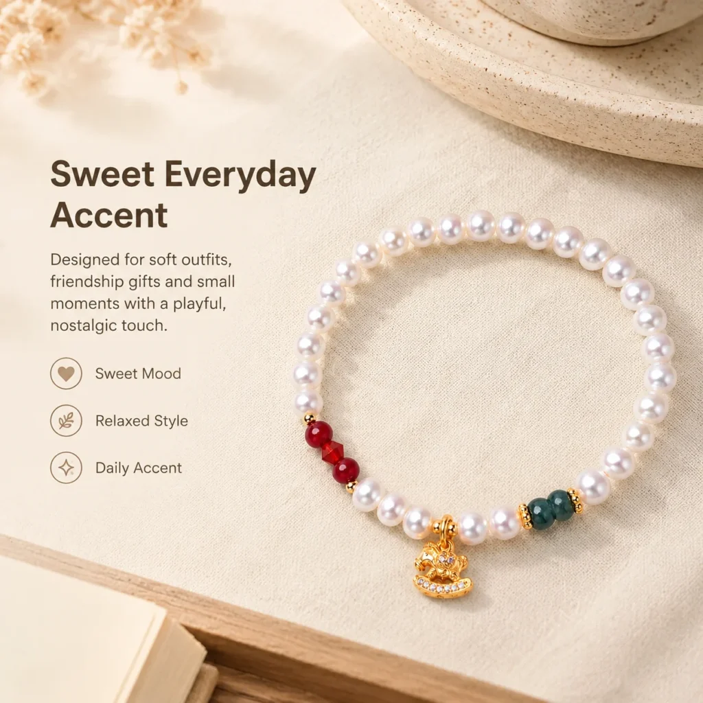 pearl horse charm beaded bracelet lifestyle still life image