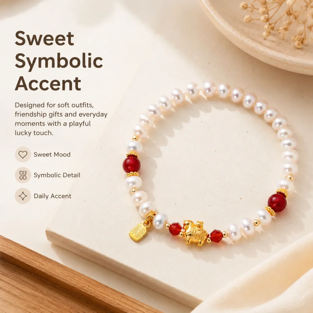 pearl horse fu charm beaded bracelet lifestyle still life image