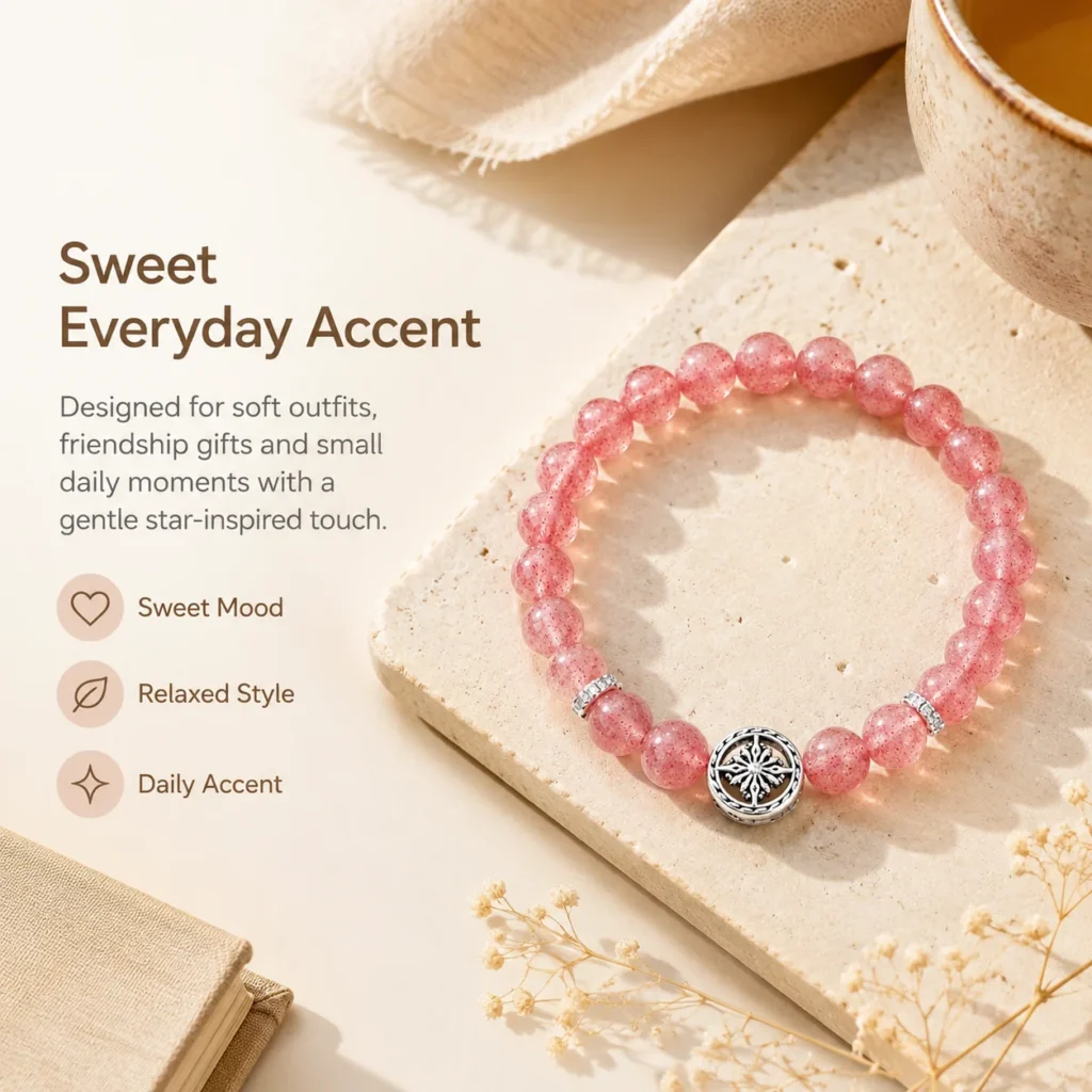 star guard strawberry quartz bracelet lifestyle still life image