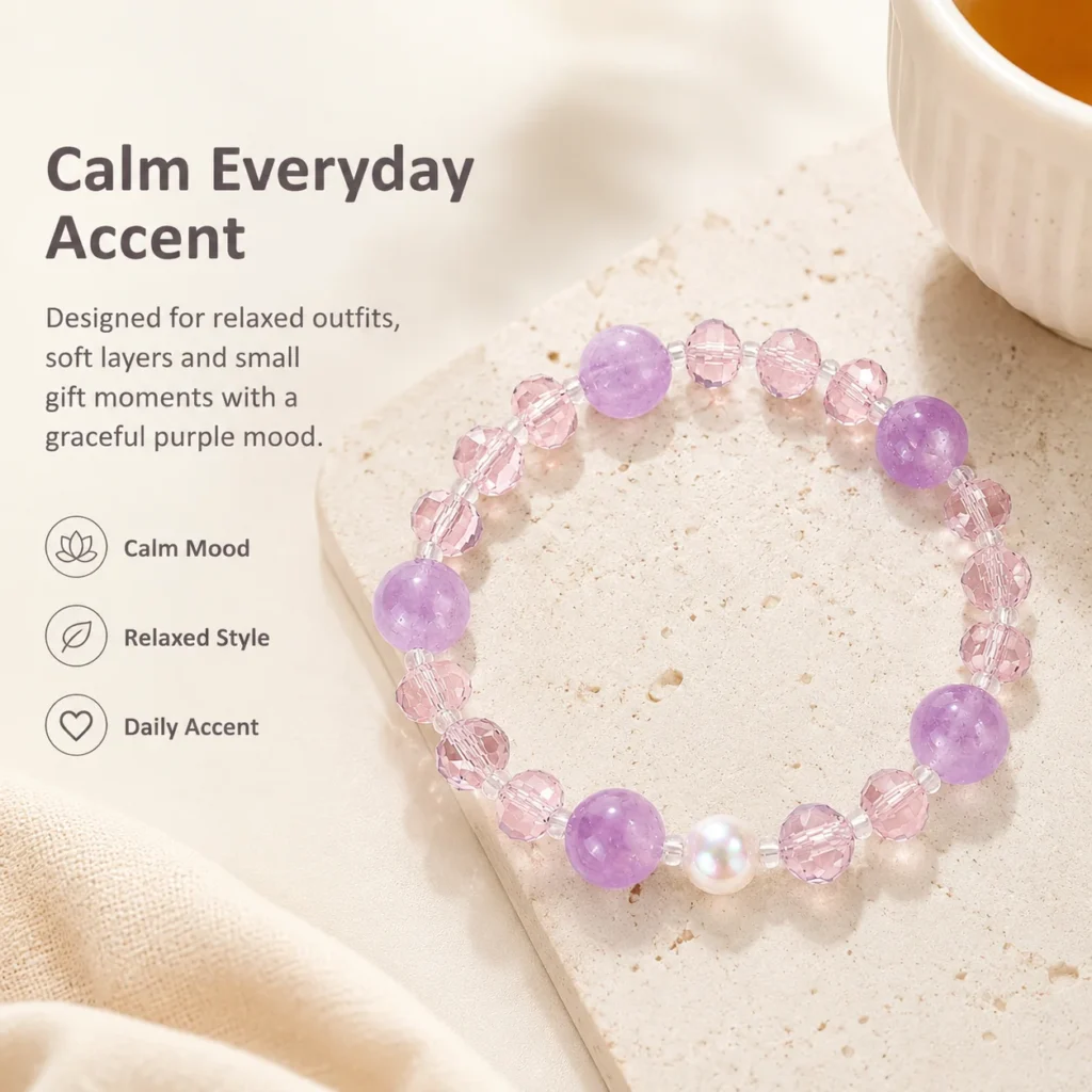 amethyst beaded bracelet lifestyle still life image