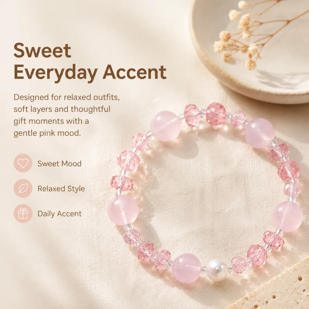 rose quartz beaded bracelet lifestyle still life image