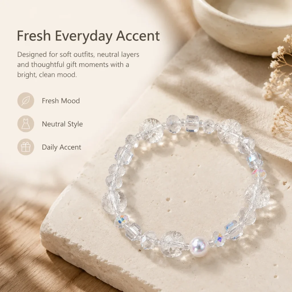 white crystal beaded bracelet lifestyle still life image