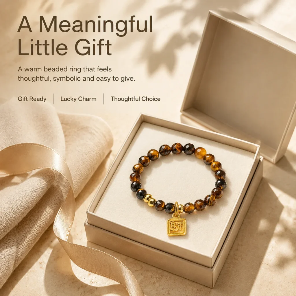 Yellow Tiger Eye Blessing Tag Beaded Ring 6 yellow tiger eye blessing tag beaded ring gift ready image