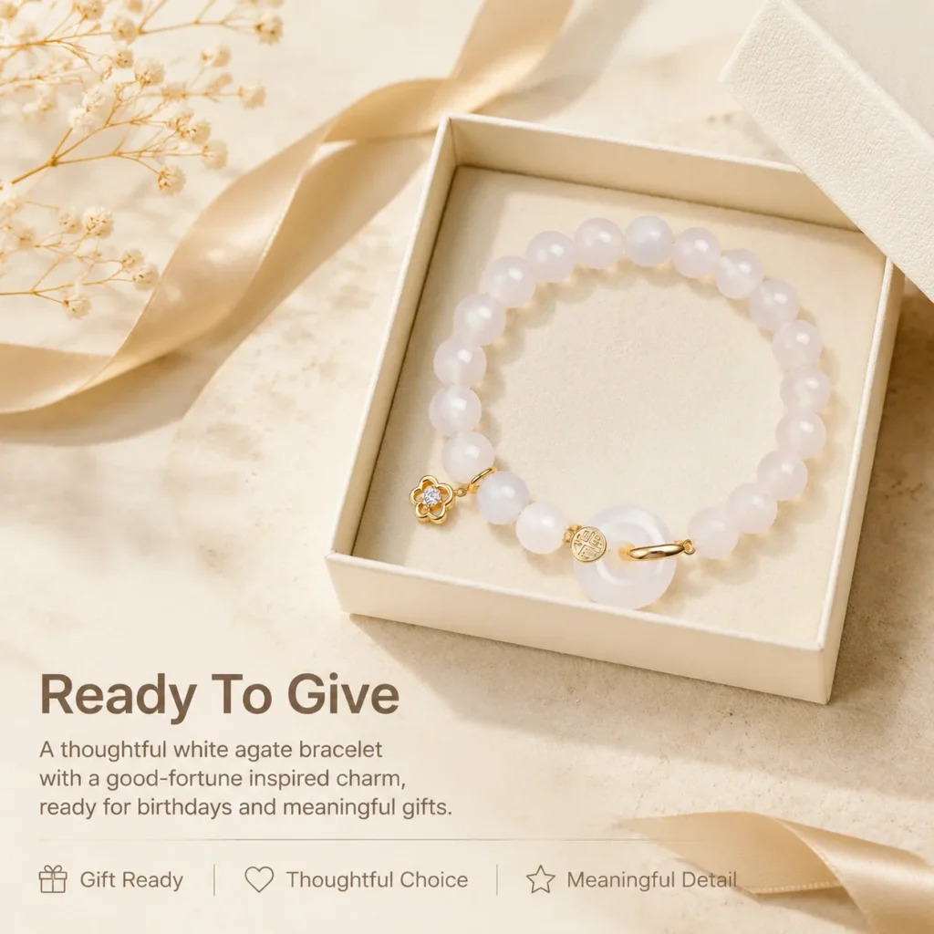 white agate gold fu charm bracelet gift ready image