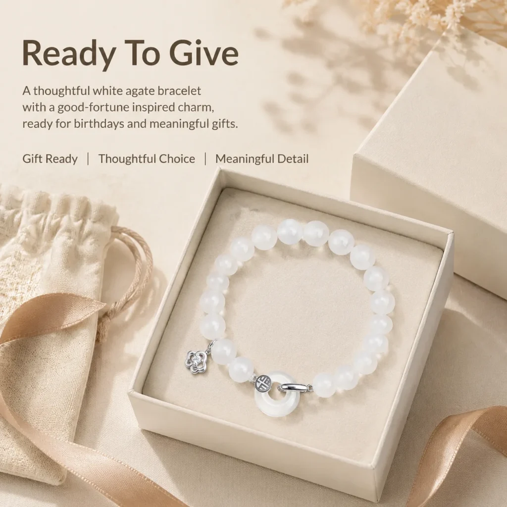 white agate silver fu charm bracelet gift ready image