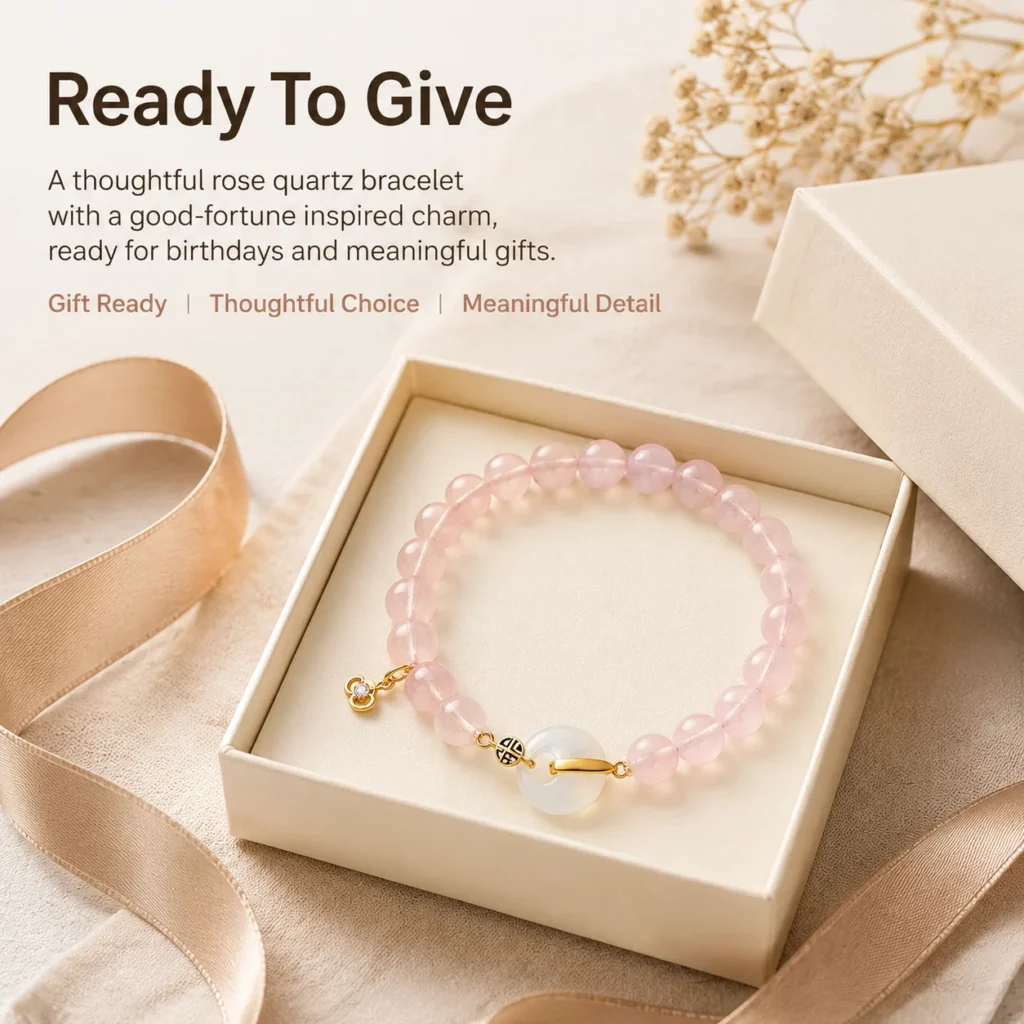 translucent rose quartz fu charm bracelet gift ready image