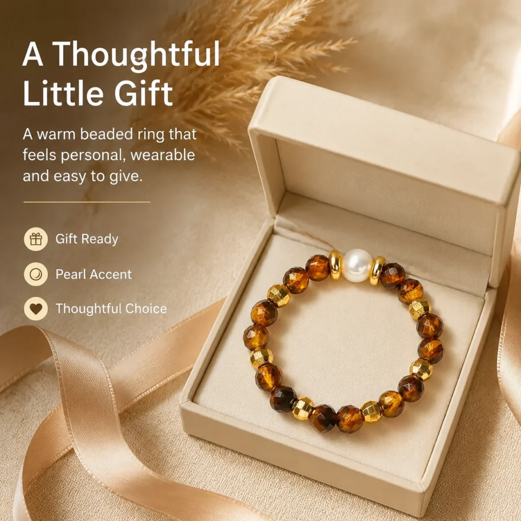 Yellow Tiger Eye Pearl Beaded Ring 6 yellow tiger eye pearl beaded ring gift ready image
