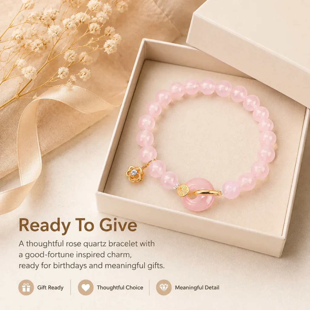 rose quartz gold fu charm bracelet gift ready image