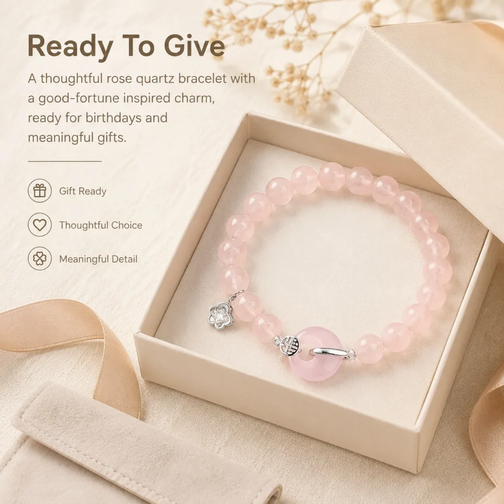 Rose Quartz Silver Fu Charm Bracelet 6 rose quartz silver fu charm bracelet gift ready image