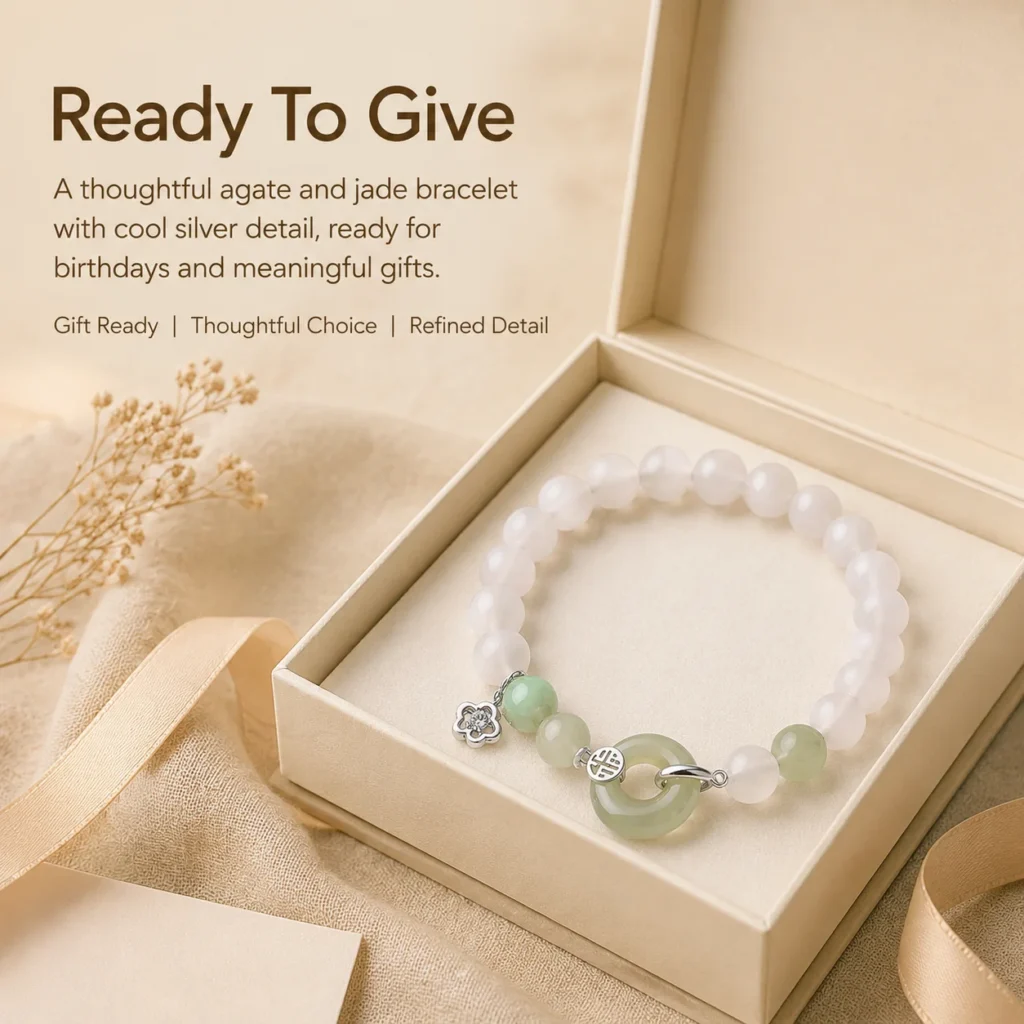 White Agate Hetian Jade Silver Bracelet 6 white agate hetian jade silver bracelet gift ready image
