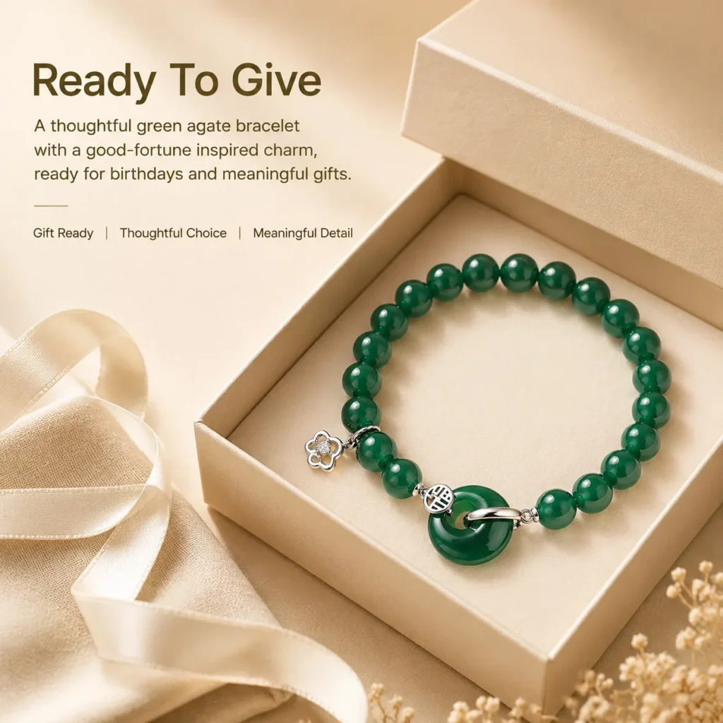 green agate silver fu charm bracelet gift ready image