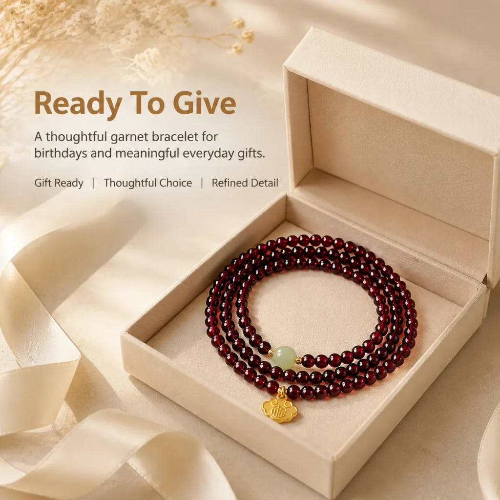 garnet hetian jade triple-wrap fu lock bracelet gift ready image
