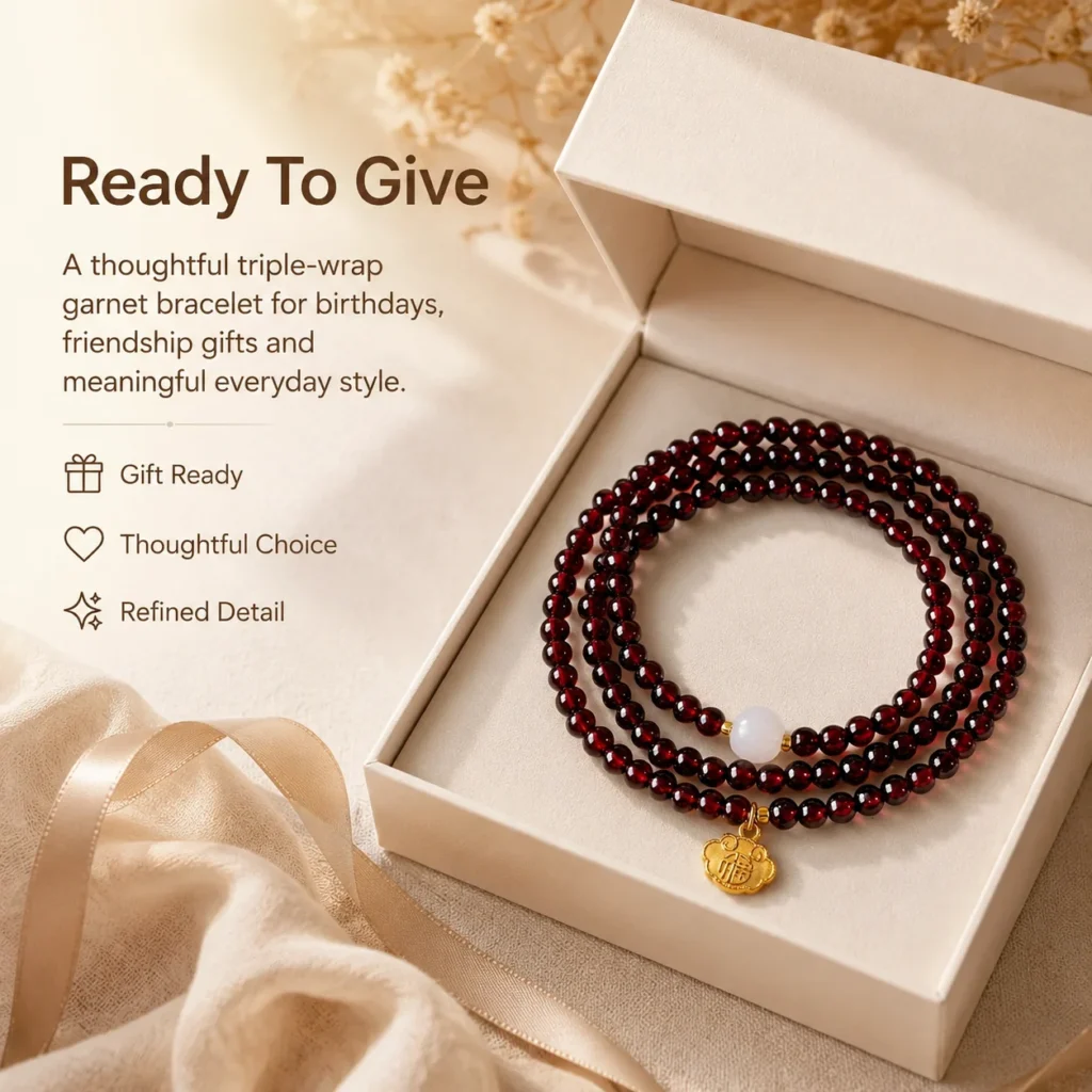 Garnet White Jade Triple-Wrap Fu Lock Bracelet 6 garnet white jade triple-wrap fu lock bracelet gift ready image