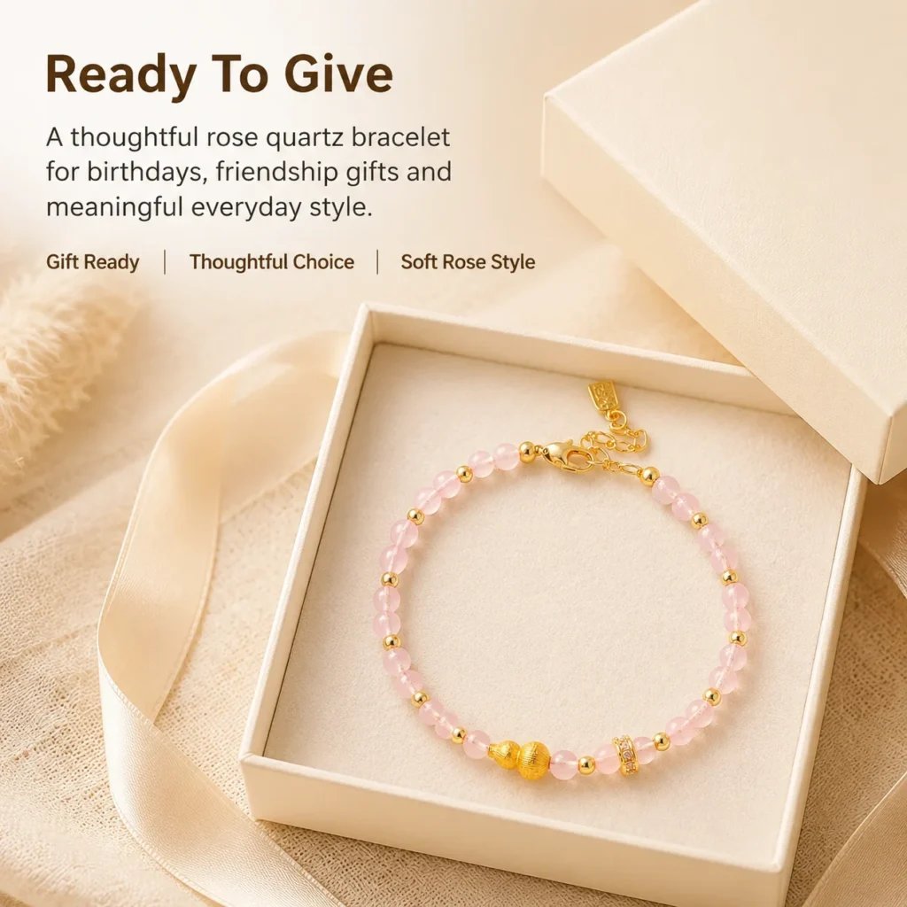 Rose Quartz Gourd Beaded Bracelet 6 rose quartz gourd beaded bracelet gift ready image