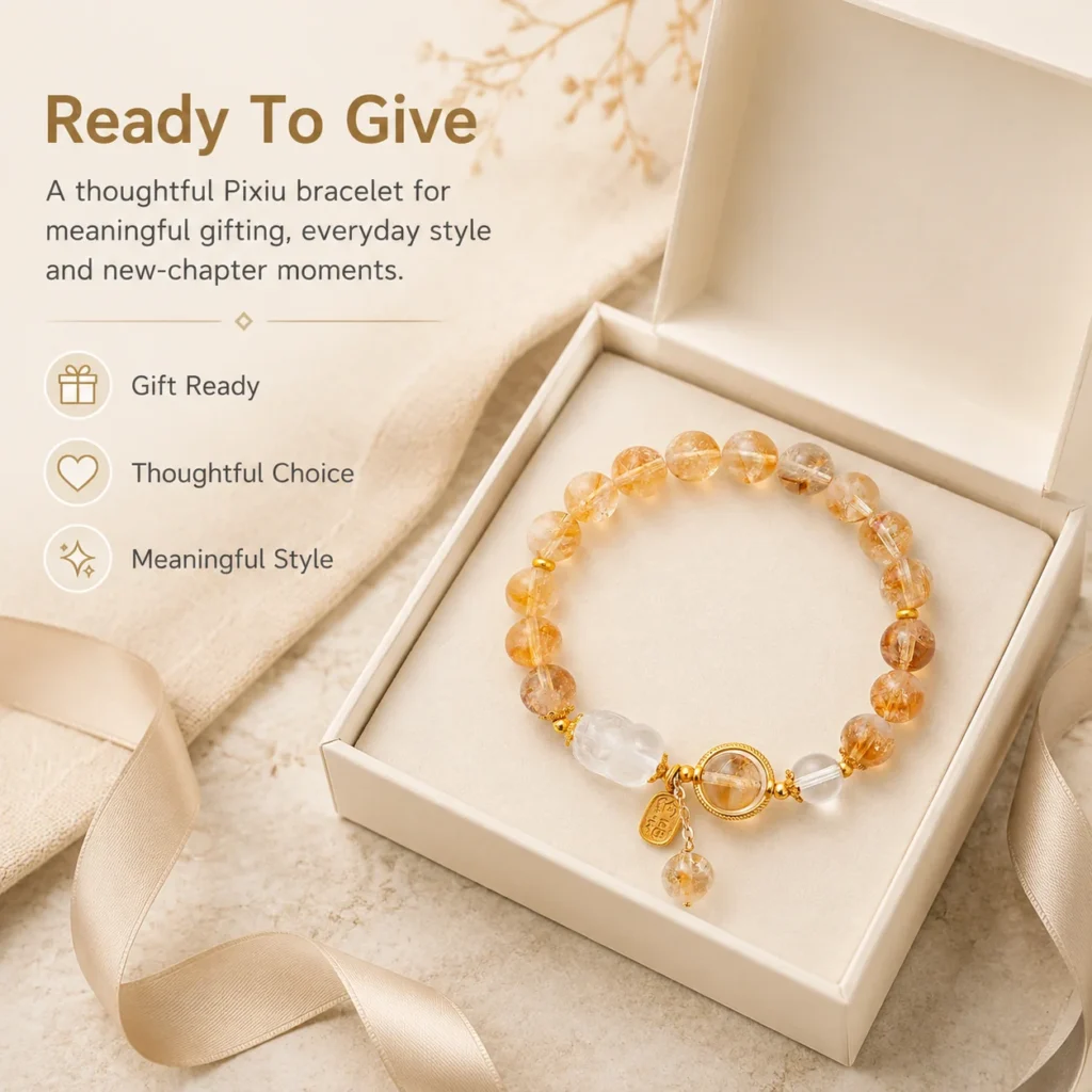 white quartz pixiu bracelet with yellow crystal beads gift ready image