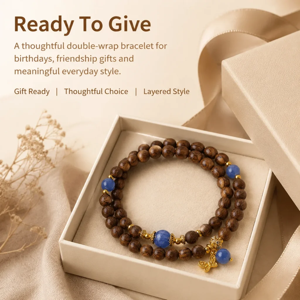 Golden Sandalwood Lapis Butterfly Double-Wrap Bracelet 6 golden sandalwood lapis butterfly double-wrap bracelet gift ready image