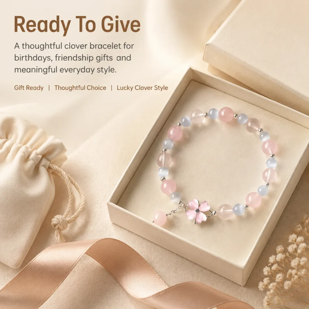 Translucent Rose Quartz Clover Bracelet 6 translucent rose quartz clover bracelet gift ready image