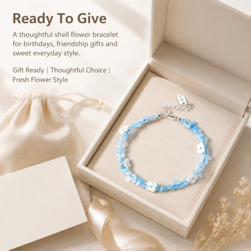 Aquamarine Shell Flower Bracelet 6 aquamarine shell flower bracelet gift ready image