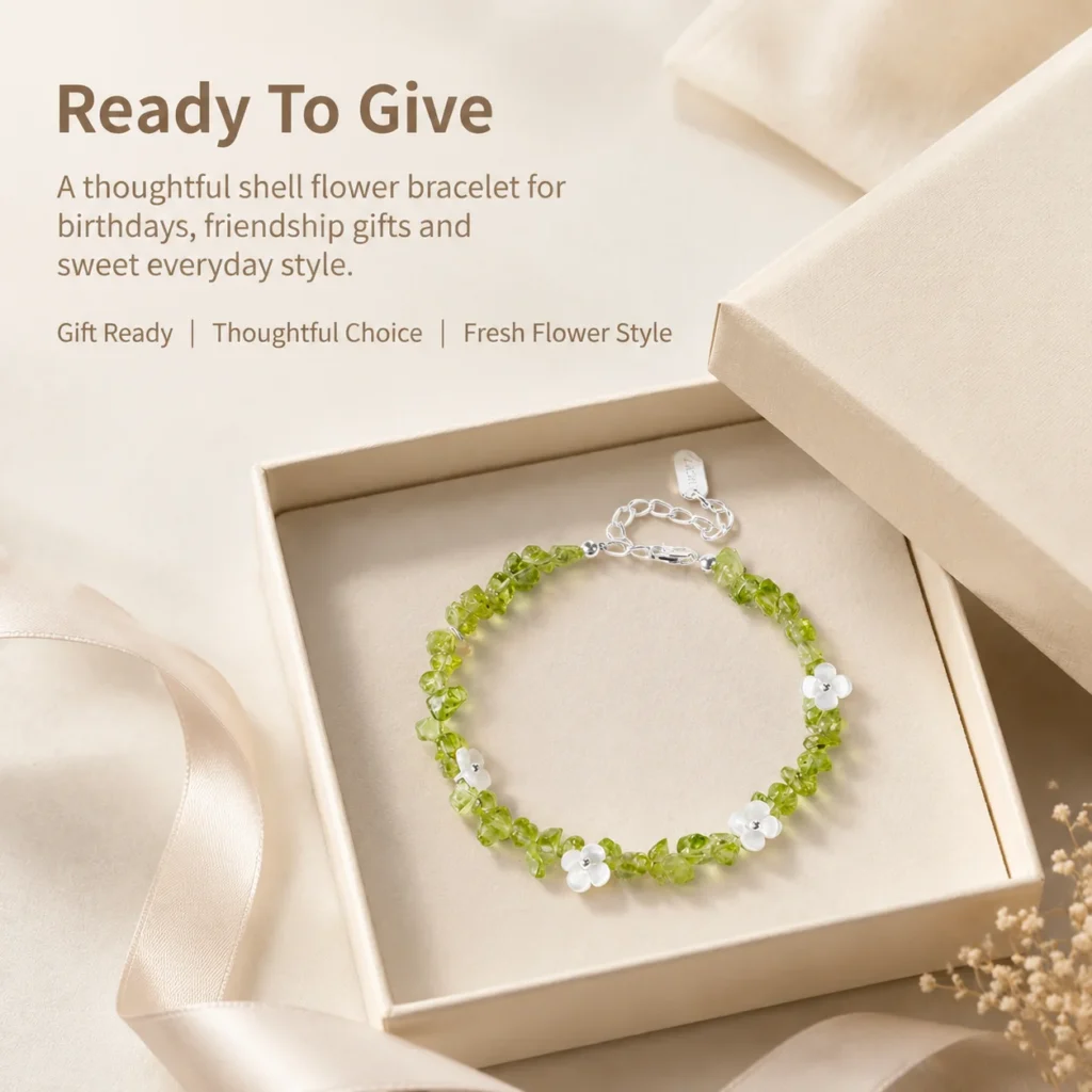Peridot Shell Flower Bracelet 6 peridot shell flower bracelet gift ready image