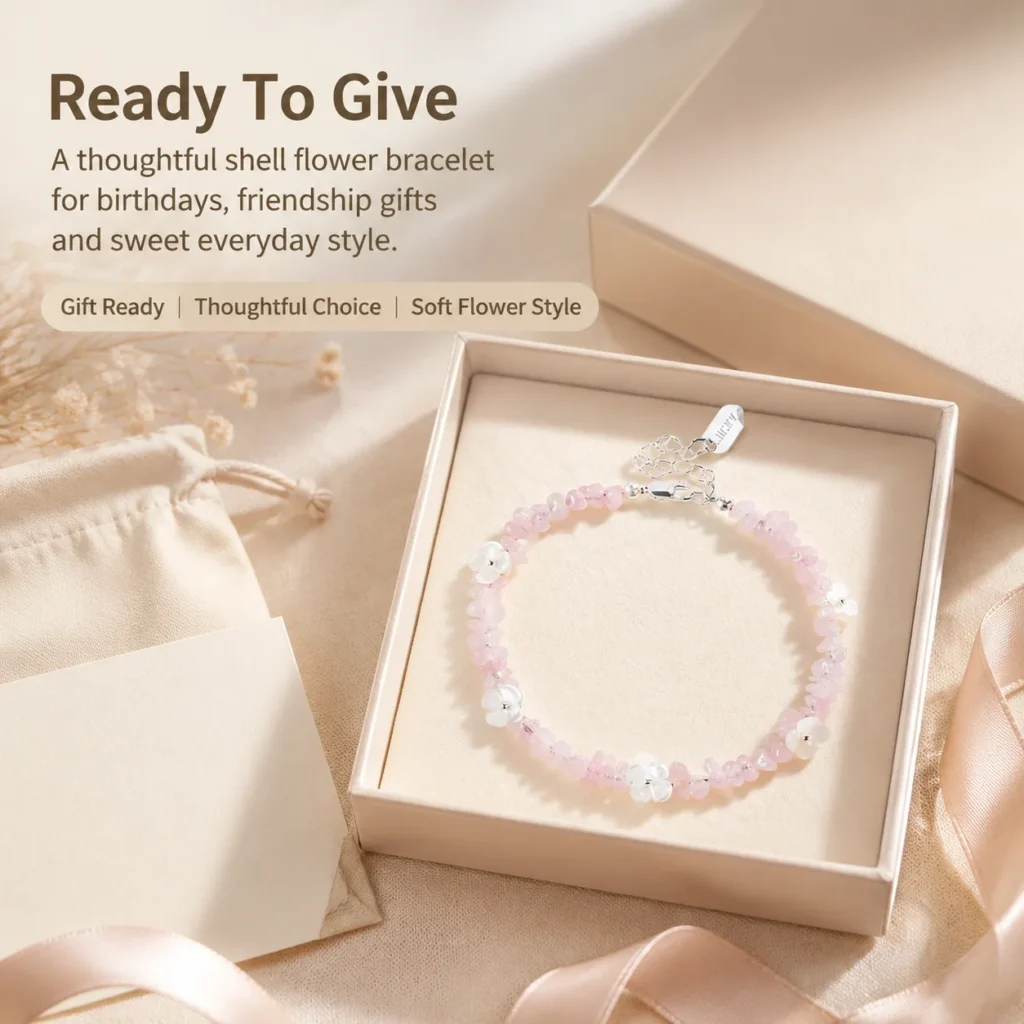 Rose Quartz Shell Flower Bracelet 6 rose quartz shell flower bracelet gift ready image