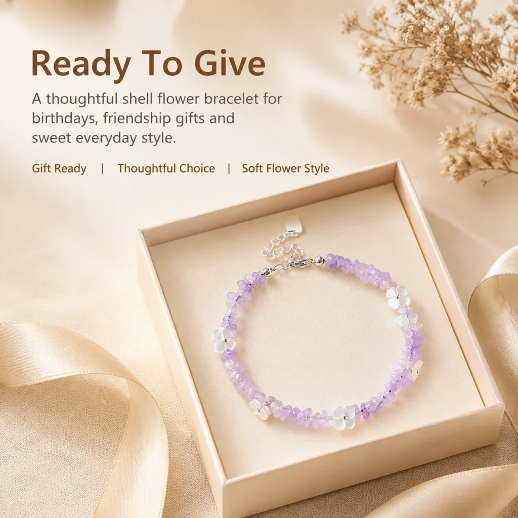 Lavender Amethyst Shell Flower Bracelet 6 lavender amethyst shell flower bracelet gift ready image