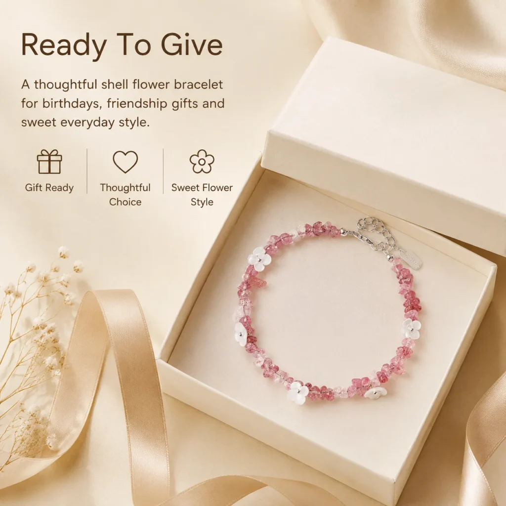 Strawberry Quartz Shell Flower Bracelet 6 strawberry quartz shell flower bracelet gift ready image