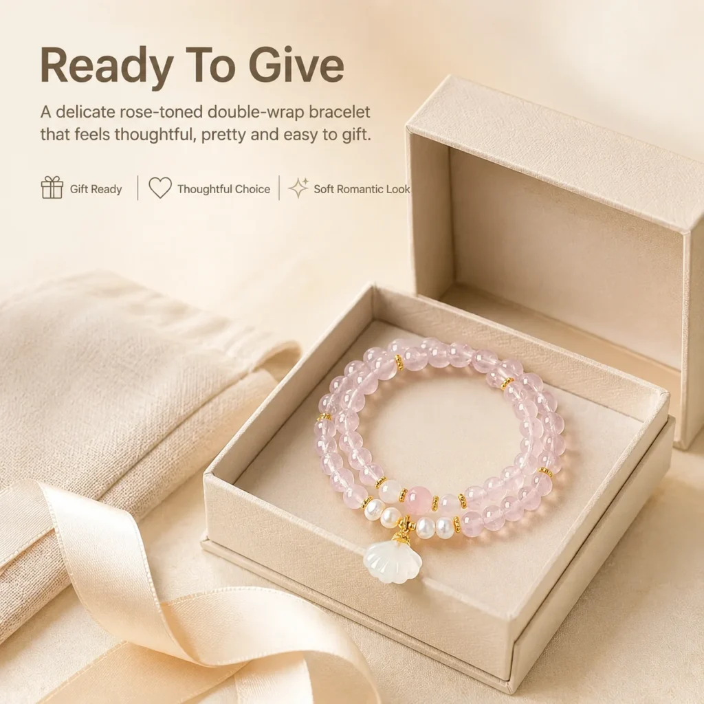 Rose Quartz Agate Shell Double-Wrap Bracelet 6 rose quartz agate shell double-wrap bracelet gift ready image