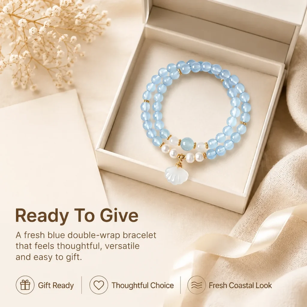 Blue Chalcedony Pearl Agate Shell Double-Wrap Bracelet 6 blue chalcedony pearl agate shell double-wrap bracelet gift ready image
