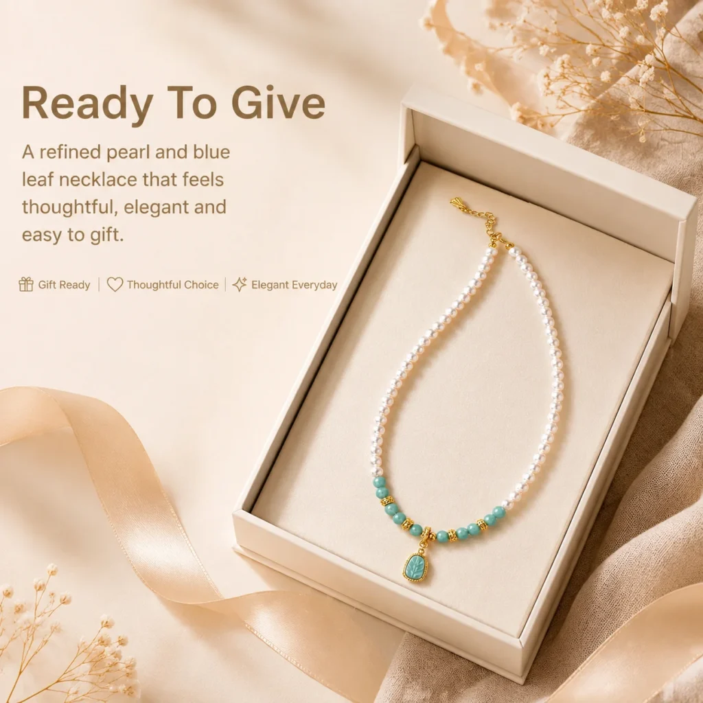 Freshwater Pearl Blue Jade Leaf Necklace 6 freshwater pearl blue jade leaf necklace gift ready image
