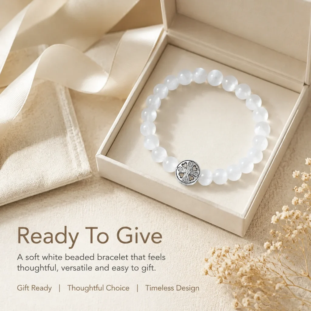 White Cat Eye Stone Beaded Bracelet 6 white cat eye stone beaded bracelet gift ready image