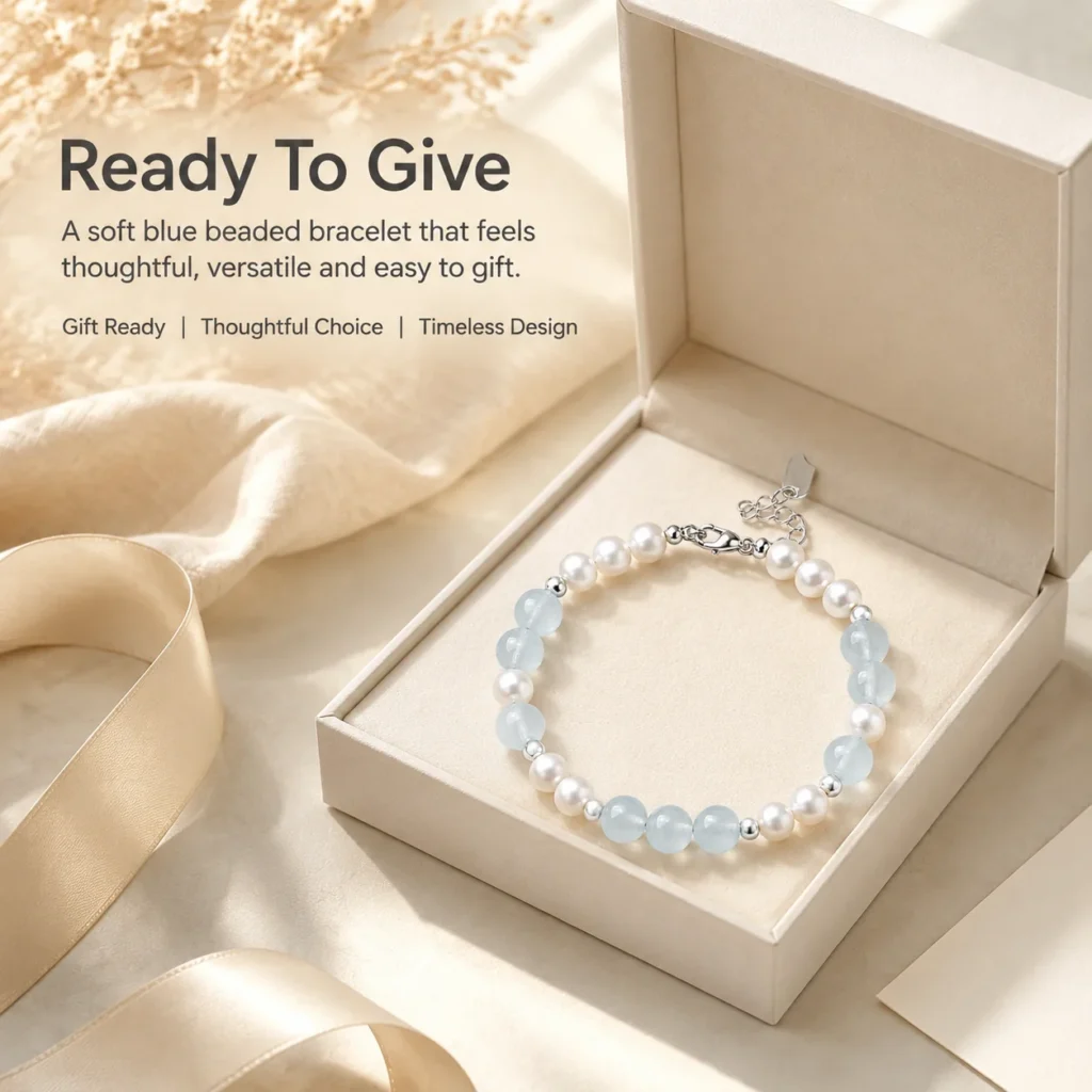 Blue Chalcedony Pearl Beaded Bracelet 6 blue chalcedony pearl beaded bracelet gift ready image