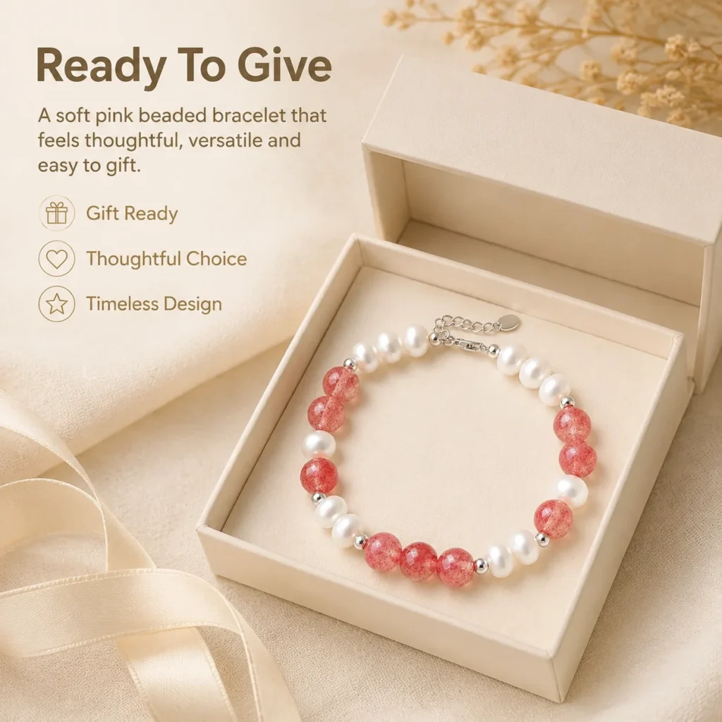 Strawberry Quartz Pearl Beaded Bracelet 6 strawberry quartz pearl beaded bracelet gift ready image