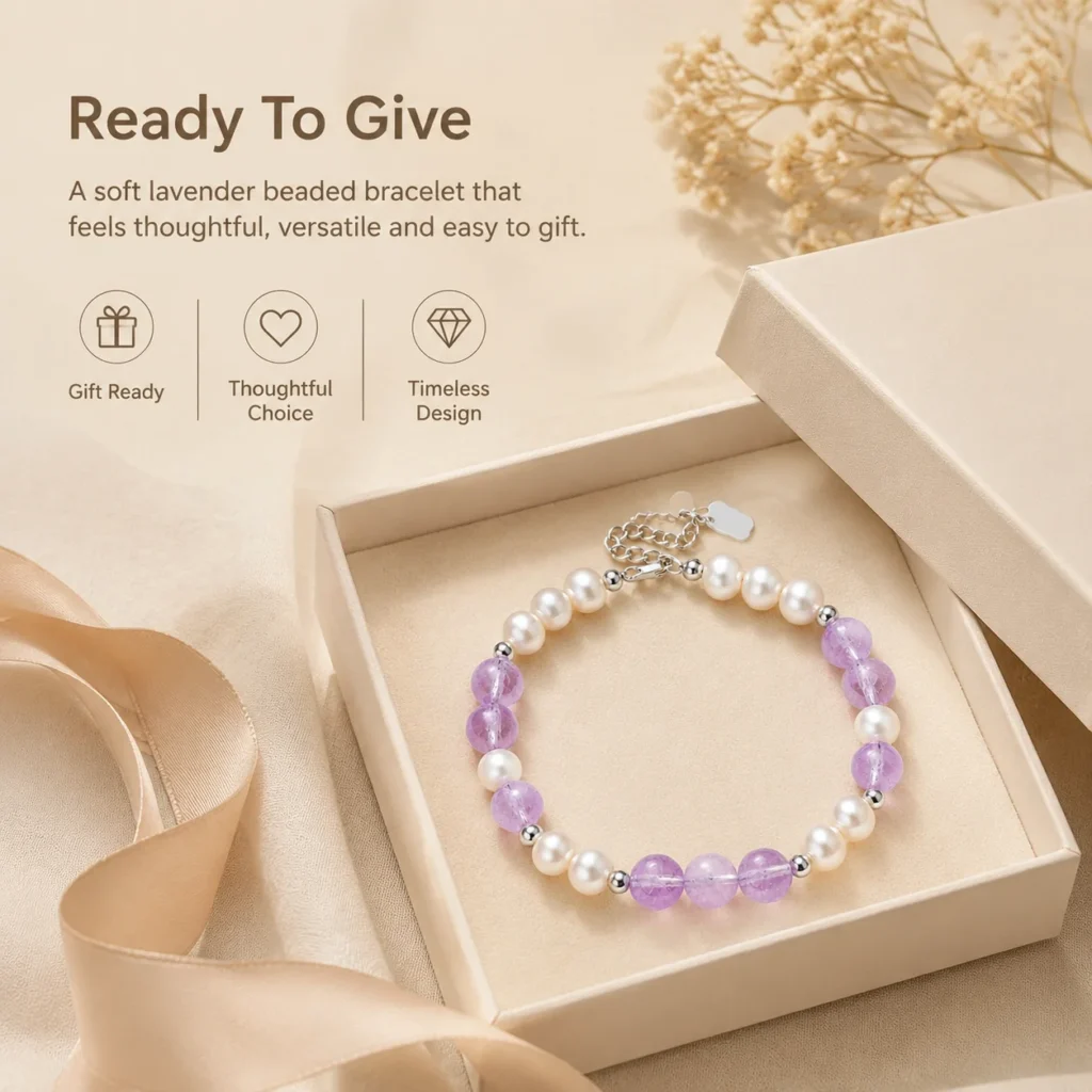 Lavender Amethyst Pearl Beaded Bracelet 6 lavender amethyst pearl beaded bracelet gift ready image
