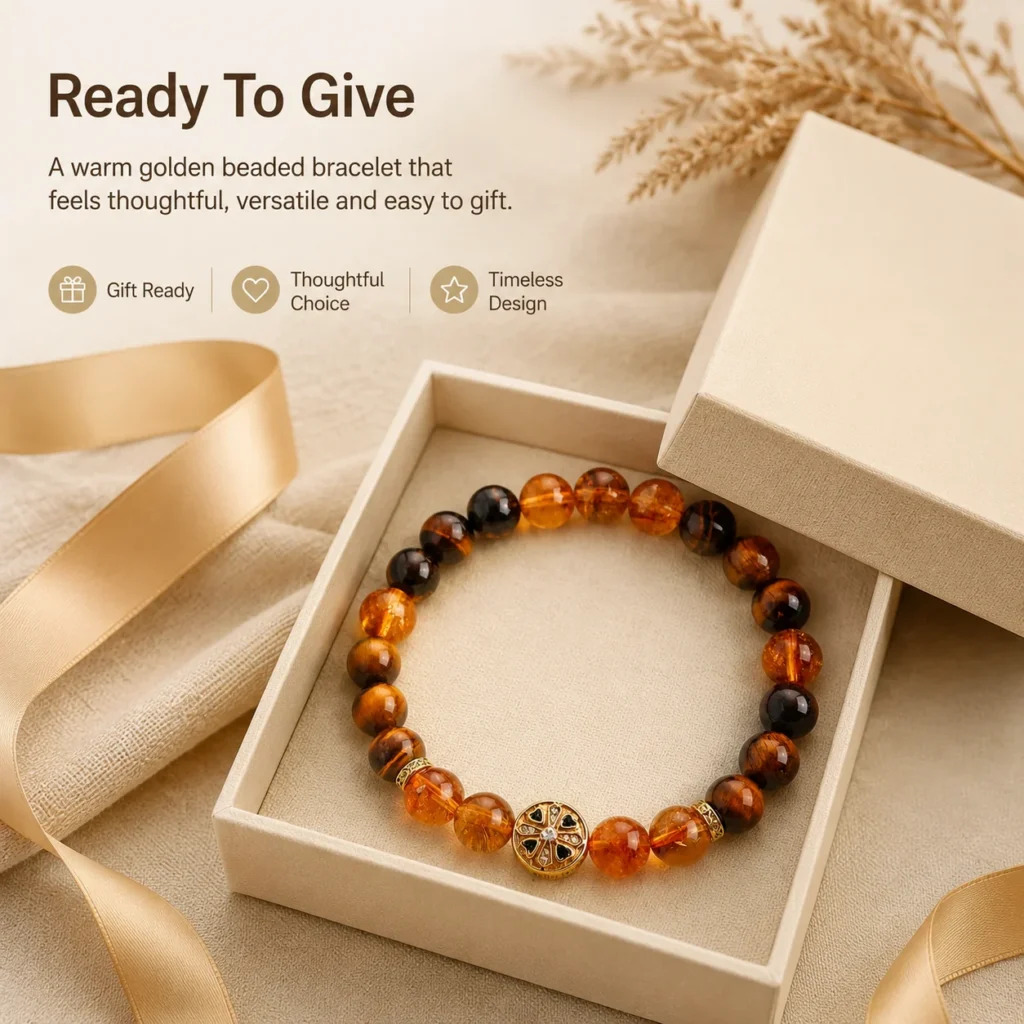 Golden Crystal Tiger Eye Beaded Bracelet 6 golden crystal tiger eye beaded bracelet gift ready image