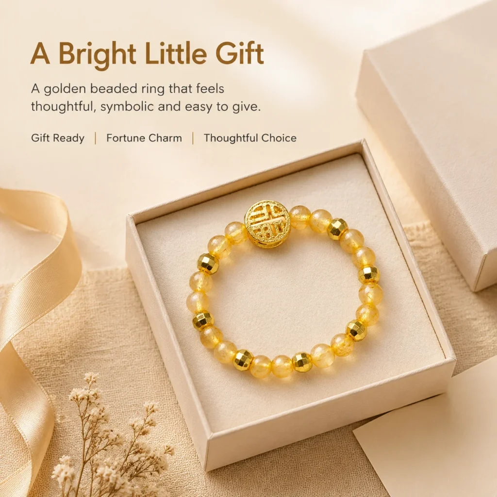 golden rutilated quartz fortune coin beaded ring gift ready image