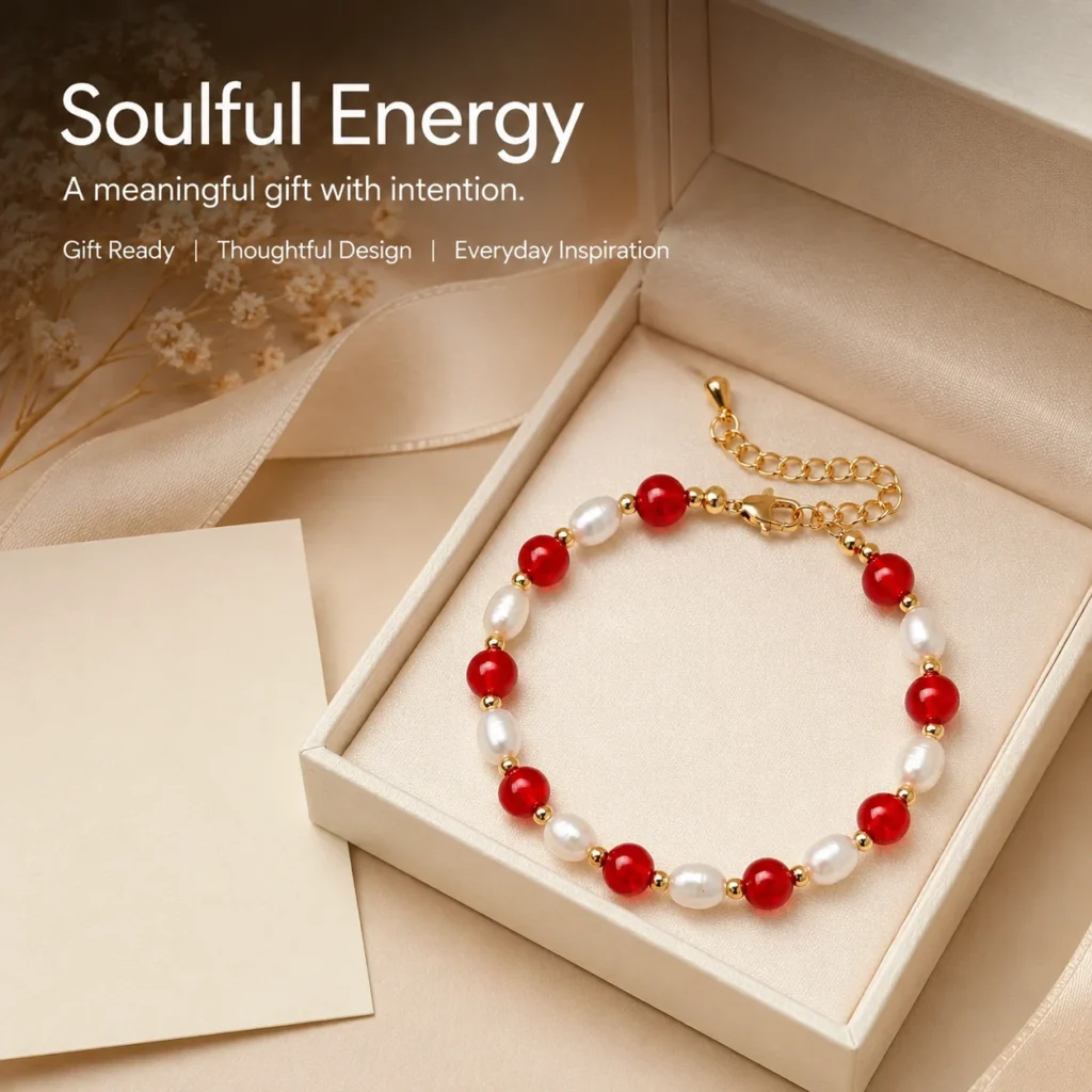 Red Agate Pearl Beaded Bracelet 6 red agate pearl beaded bracelet gift ready image