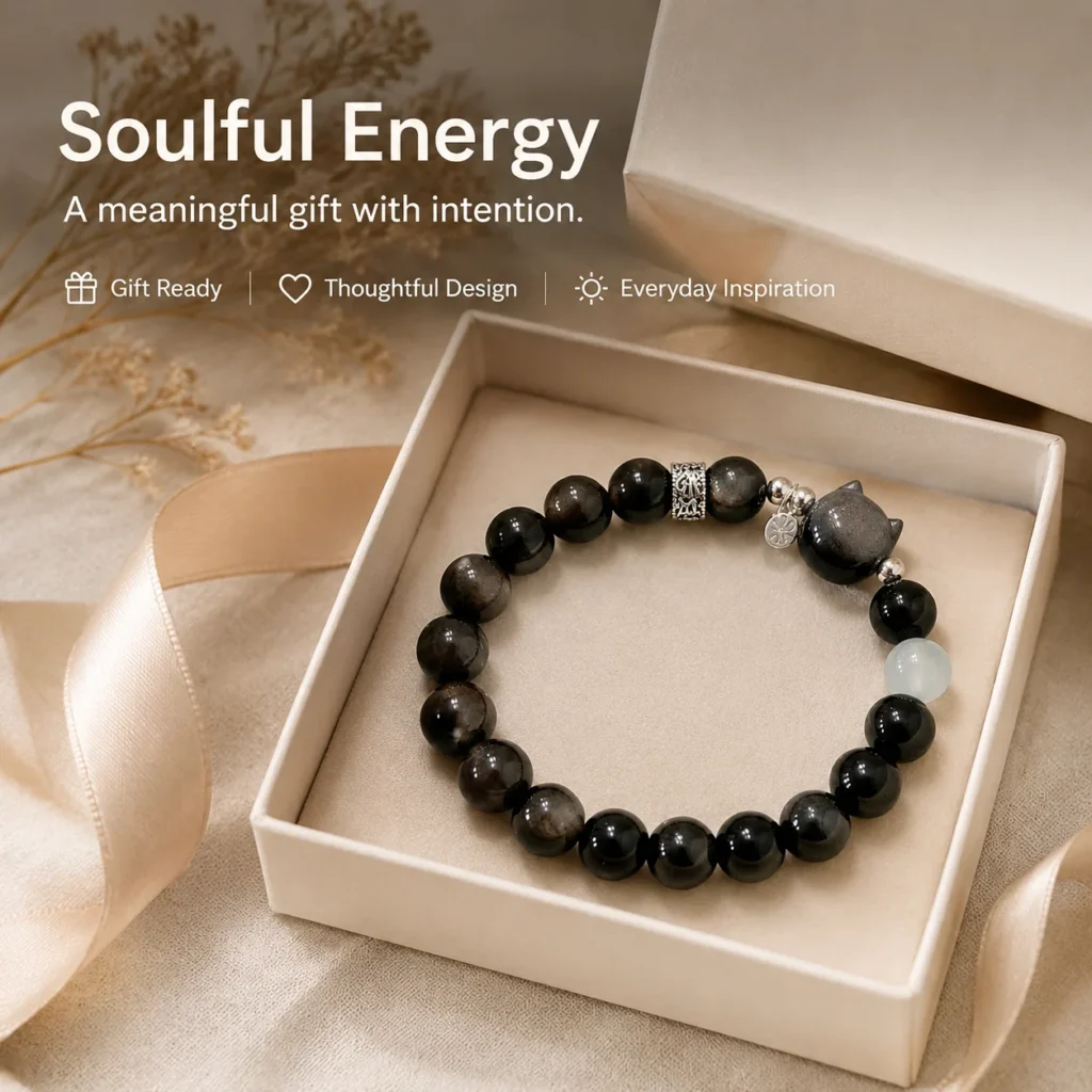 Silver Sheen Obsidian Cat Bracelet 6 silver sheen obsidian cat bracelet gift ready image
