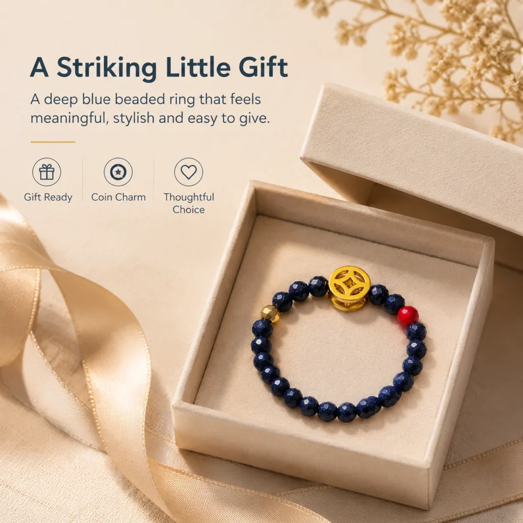 blue sandstone coin beaded ring gift ready image