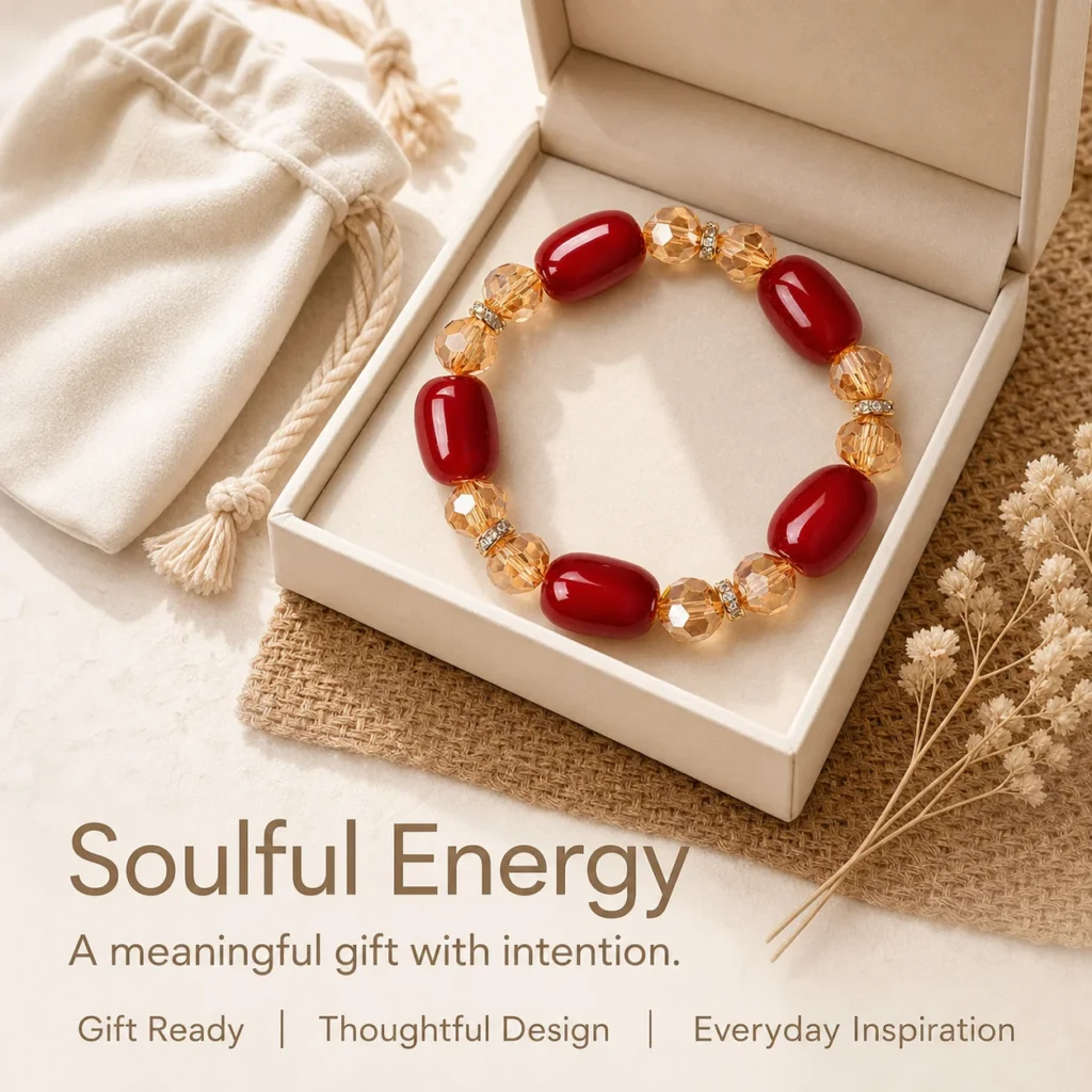 Red Agate Beaded Bracelet - Faceted Crystal Accent 6 red agate beaded bracelet faceted crystal gift ready image